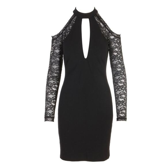 Nicole Miller Little Black Dress Sz 10 Lace Sleeve Bodycon Cold Shoulder Holiday - Picture 1 of 16